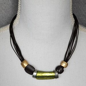 Chico's Multi Strand Black Corded Necklace Bar Pendant‎ Metallic Green Gold 15"